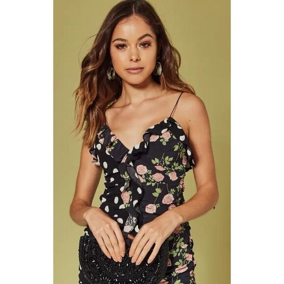 for love and lemons mochi shirred mini dress in black floral polka print - Picture 13 of 13